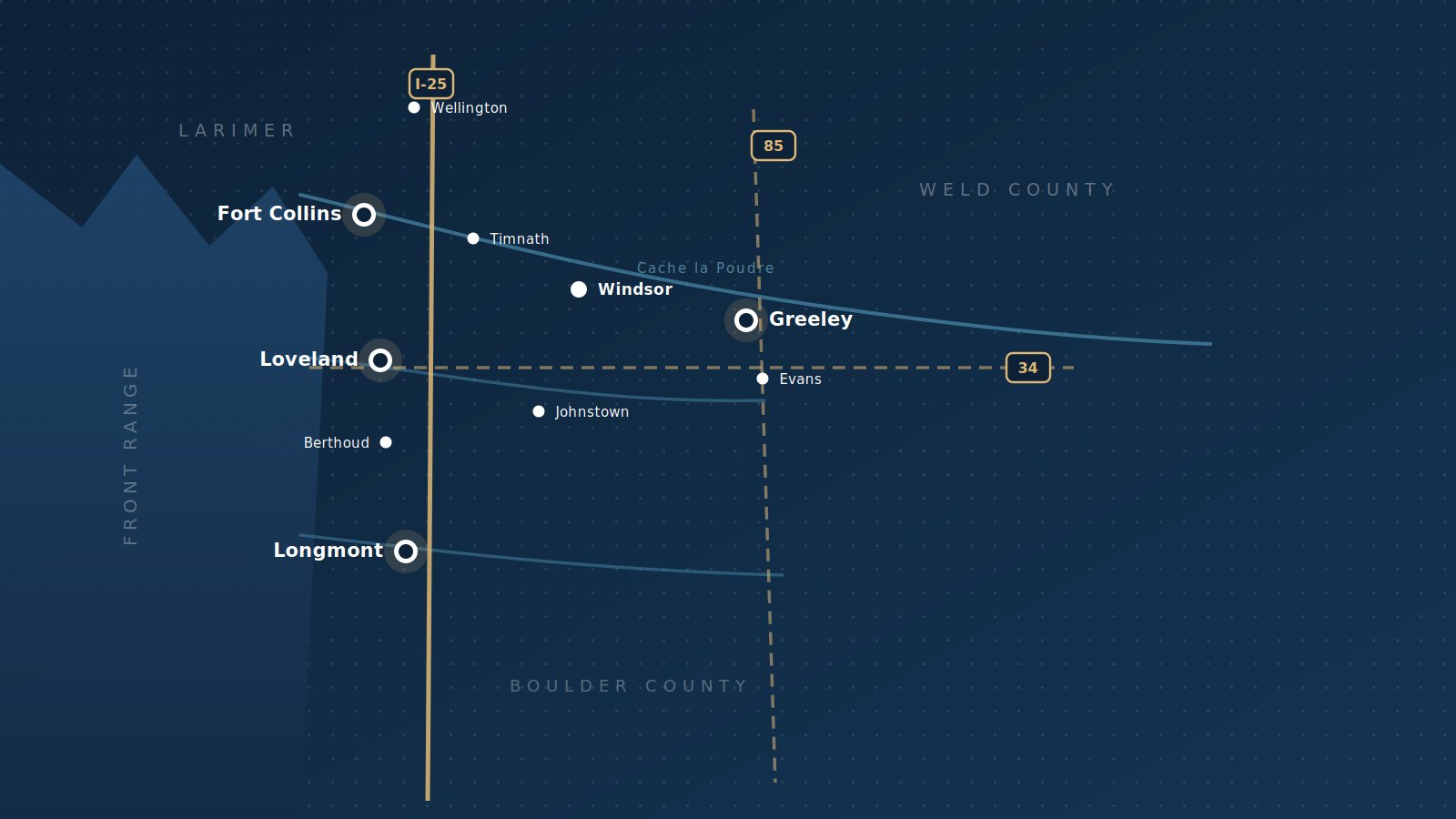Coverage map of Northern Colorado showing Greeley, Fort Collins, Loveland, Longmont, Windsor and surrounding towns