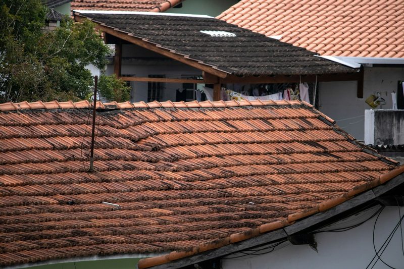 Weathered clay and asphalt roofs on neighboring houses.